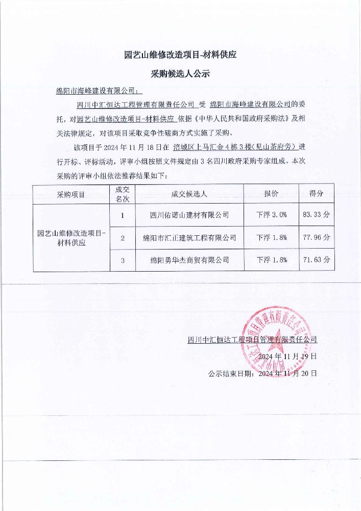 园艺山维修改造项目-材料供应采购候选人公示