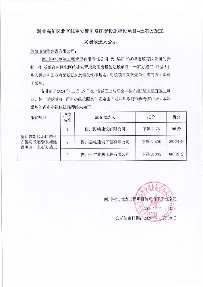 游仙高新区北区统建安置房及配套设施建设项目--土石方施工中标候选人公示